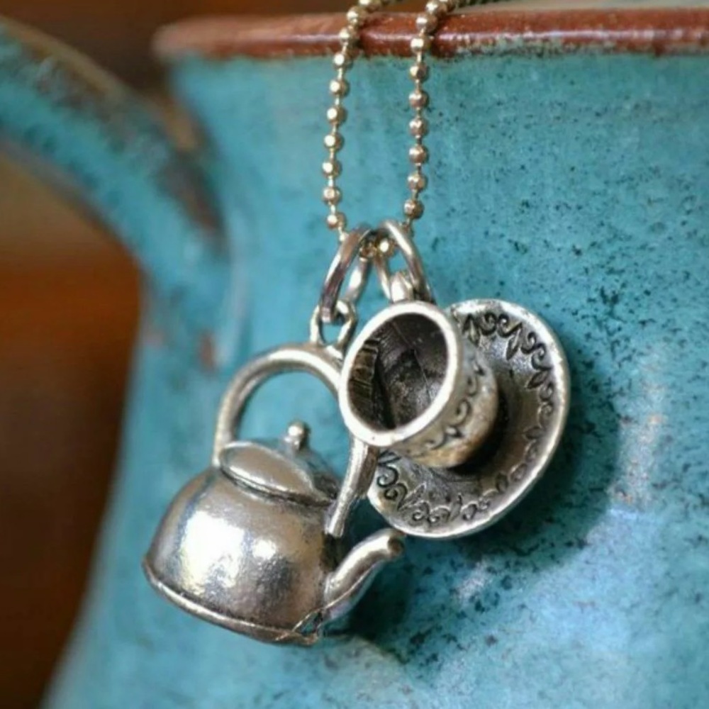 Tea Pot & Cup Charm Necklace 24 inch Silver